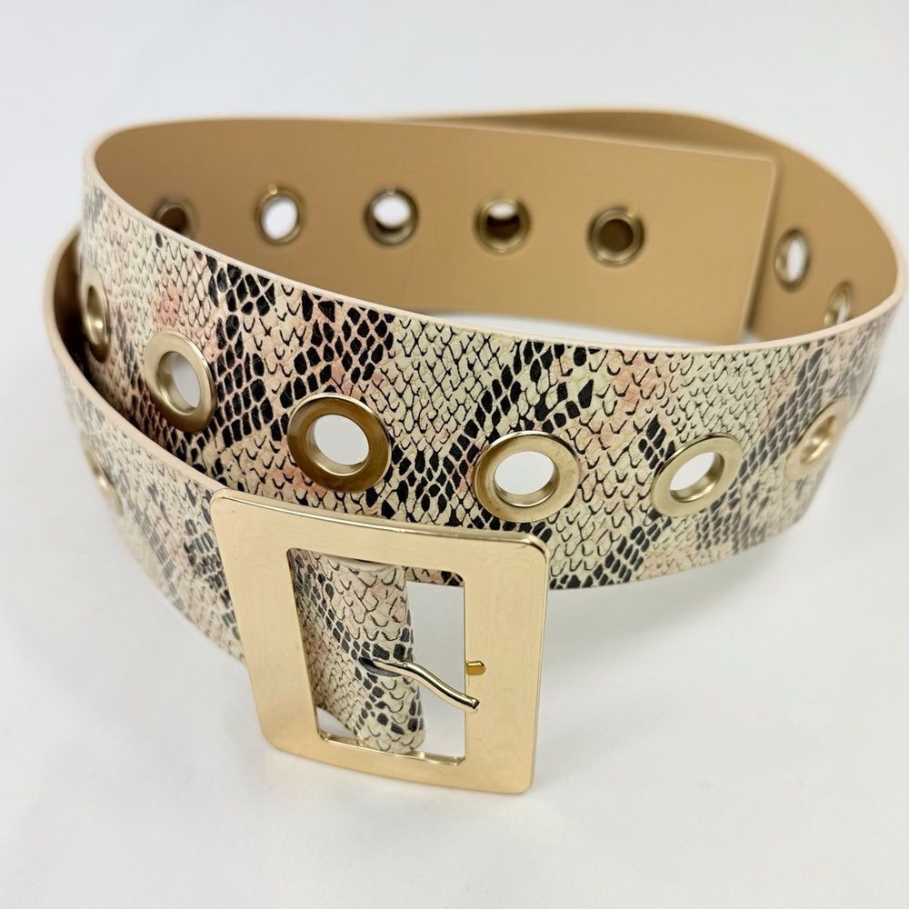 BCBGeneration Metallic Gold Brown Cream Snakeskin Print Wide Statement Belt NEW